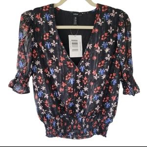 AQUA Floral Chiffon V neck Short‎ Sleeves Blouse Top M